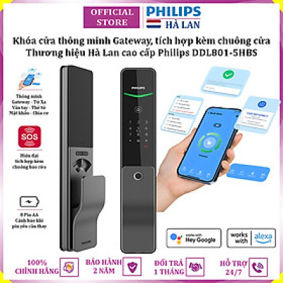Bộ khóa cửa thông minh Gateway điều khiển từ xa, vân tay, thẻ từ, mật khẩu và chìa cơ, tích hợp kèm chuông cửa Philips DDL801-5HBS - Hàng nhập khẩu