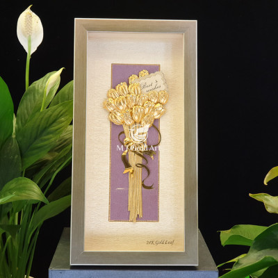 Tranh bó hoa hồng dát vàng (13x26cm) MT Gold Art- Hàng chính hãng, trang trí nhà cửa, phòng làm việc, quà tặng vợ, mẹ,  sếp, đối tác, khách hàng, tân gia, khai trương 