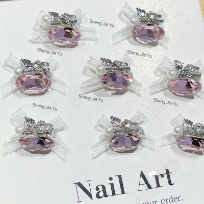 Set 6 Viên Charm Đá Khối Siêu Sáng Mix Nơ Voan Làm Nail Sang Chảnh Sheng Jia Yu, Charm Đá Viên Hình Trứng Có Nơ Đính Móng Màu Hồng Trắng Xanh Women Nữ
