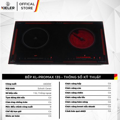 Bếp đôi điện từ hồng ngoại Kieler KL-PROMAX135 mặt kính Schott Ceran, Bếp đôi có chế độ cảm ứng chống tràn 4400W - Hàng Chính Hãng
