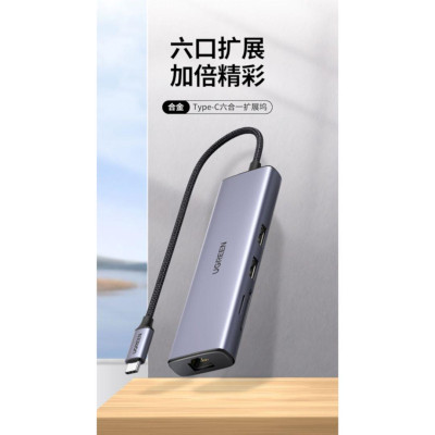 Ugreen UG20954CM512TK 4k 60hz 6 trong 1 gigabits Type C sang 2×USB 3.0 + HDMI + RJ45 10/100/1000Mbps + SD/TF Bộ chuyển đổi - HÀNG CHÍNH HÃNG