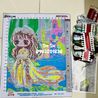 Tranh thêu kín chữ thập cô dâu chibi HH0899, kích thước 51*62 cm