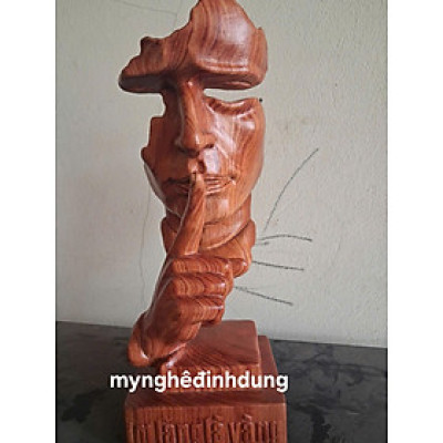 Tượng im lặng là vàng bằng gỗ hương đá  đẹp long lanh cao 34x11x12cm