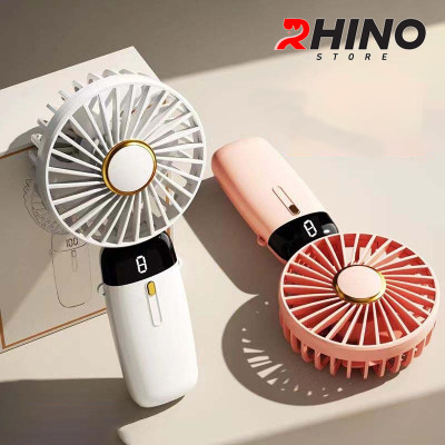 Quạt cầm tay mini siêu mát Rhino F401 tích điện với 5 mức độ gió, kèm đế, dây treo, lượng pin cao - Hàng chính hãng