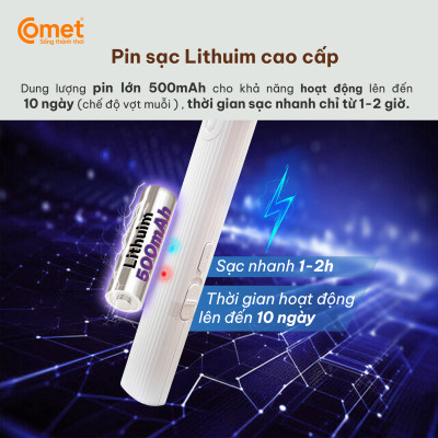 Vợt muỗi điện Comet CP049 Pin Lithium 500mAh sạc 2h dùng 10 ngày BH 12T cổng sạc type C
