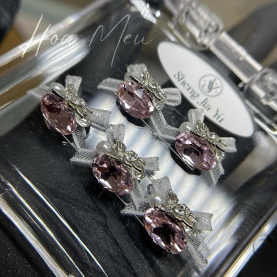 Set 6 Viên Charm Đá Khối Siêu Sáng Mix Nơ Voan Làm Nail Sang Chảnh Sheng Jia Yu, Charm Đá Viên Hình Trứng Có Nơ Đính Móng Màu Hồng Trắng Xanh Women Nữ