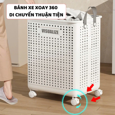 Giỏ Đựng Quần Áo Bẩn VISUALIZE , Giỏ Nhựa Đựng Đồ Có Bánh Xe, Quai Da Chắc Chắn, Có Thể Gấp Gọn - Hàng chính hãng