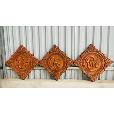 Bộ tranh treo tường trạm khắc phúc lộc thọ bằng gỗ hương đá kt mặt vuông 50×50×4cm