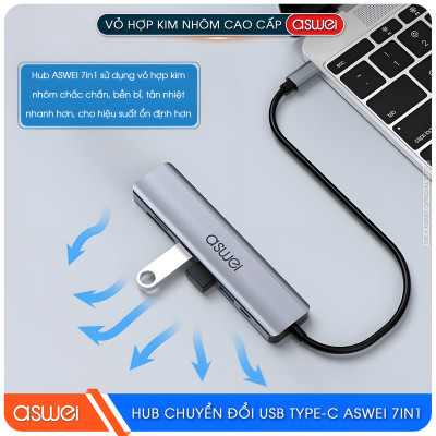 Hub Chuyển Đổi USB Type C ASWEI 7 in 1 - HDMI, USB 3.0, SD, TF, USB C, PD 100W Tốc Độ Cao - Hàng Chính Hãng