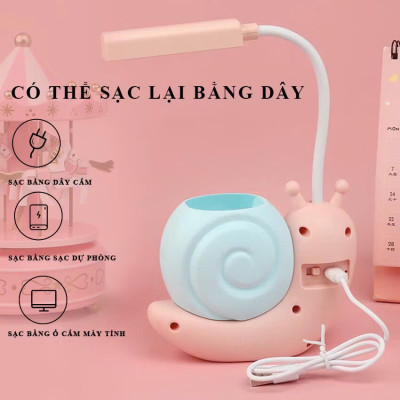 Đèn học để bàn hình ốc sên đáng yêu, đèn học cho bé có ống để bút viết tích điện sạc usb