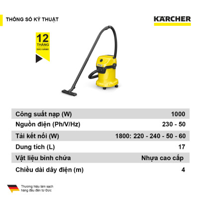 Máy hút bụi đa năng khô và ướt  WD 3 V Car dành cho Karcher - Công suất 1000W - Dùng cho gia đình và ô tô - Hàng Chính Hãng