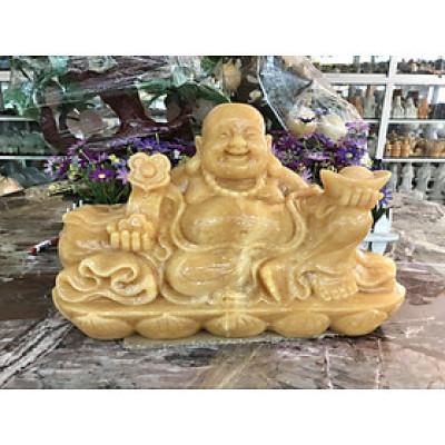 Tượng Phật Di Lặc ngồi tựa bao tiền cầm thỏi vàng phong thủy đá ngọc hoàng long