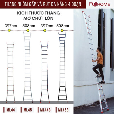 Thang nhôm gấp trượt đa năng FUJIHOME ML45, thang gấp 4 đoạn cao chữ A 2,5M, chữ I 5M, 5 kích thước sử dụng khóa chốt tự động - Hàng chính hãng