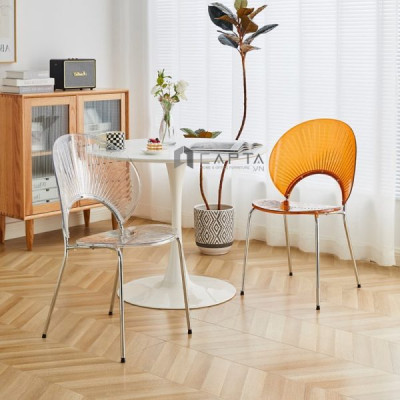 Ghế nhựa màu cam trong LYLY-PC Nội thất Capta.vn Ghế vỏ sò than nhựa PC trong suốt màu cam có chân thép mạ chrome bóng