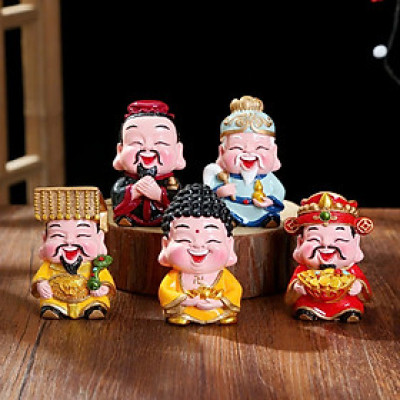 Bộ 5 Tượng Thần Tài "Phúc - Lộc - Thọ -Tài - Hỷ" Mini Trang Trí Sen Đá, Nhà, Sân Vườn