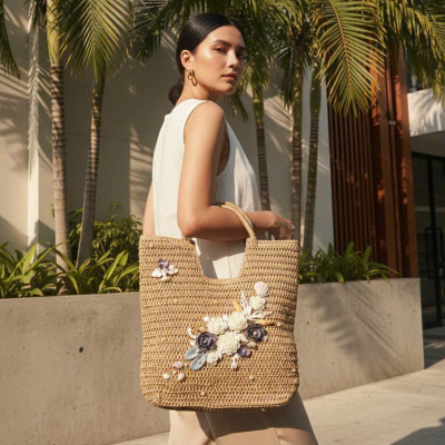 Giỏ Cói Giấy Mềm Dáng Tote Gắn Vỏ Sò, Giỏ Cói Tote Lan Châu ACC142