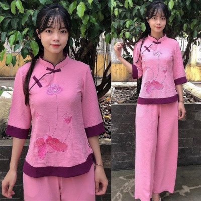 ĐỒ LAM ĐI CHÙA  Mầu Đài Loan Thêu Hoa Sen