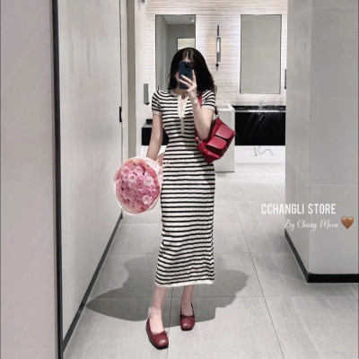 Váy Body Len Dài Kẻ Sọc Ôm Dáng Tôn Eo Sang Xinh