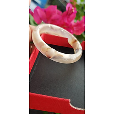 Vòng tay phong thuỷ Nữ Bản Hẹ Đá Mã Não trắng vàng nhẹ bông hoa bóng đẹp Vòng tay Nữ Ni 48mm x Cao 11mm x dầy 6mm Nữ tay nhỏ cân nặng 30kg - 45kg đeo đẹp ạ