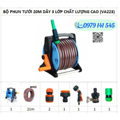Bộ Vòi Phun Nước Tưới Cây, Rửa Xe VA223 gồm: Vòi Phun Tưới Tăng Áp + Khung Lô Cuốn Ống Dây + Phụ Kiện Khớp nối+ 20-25m Dây Dẫn Nước kết cấu 3 lớp chống xoắn, vòi phun đa năng chất lượng cao/ Hồng Thanh Garden