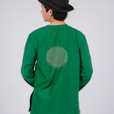 Bộ áo bà ba nam phối áo cate xanh lá + Quần cate đen - Có bộ bà ba Bigsize