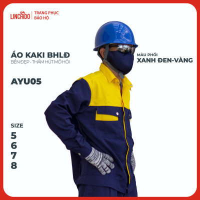 Áo Kaki đồng phục công nhân thoáng mát bền đẹp thấm hút mồ hôi màu phối xanh đen vàng - Mã AYU05