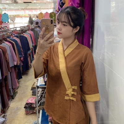 ĐỒ LAM ĐI CHÙA   3 NÚT Vải Tơ Cao Cấp