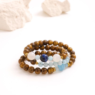 Vòng trầm hương tự nhiên quấn 3 mix đá Aquamarine, mắt hổ xanh dương cao cấp chính hãng 2VTH031- UDUMBARA