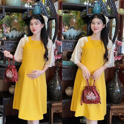 Đầm bầu thiết kế kiểu Áo dài cách tân Chất Cotton Lạnh đính nơ xinh xắn, thanh lịch