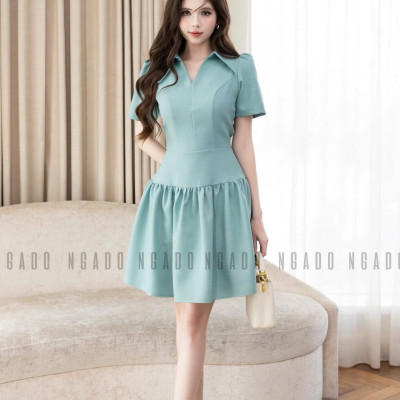 Đầm sơ mi xanh mint ngắn tay NGADO , đầm kiểu sơ mi , đầm nữ