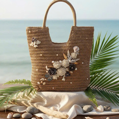 Giỏ Cói Giấy Mềm Dáng Tote Gắn Vỏ Sò, Giỏ Cói Tote Lan Châu ACC142