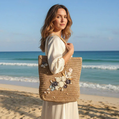 Giỏ Cói Giấy Mềm Dáng Tote Gắn Vỏ Sò, Giỏ Cói Tote Lan Châu ACC142