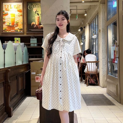 Đầm bầu chấm bi cổ sen phối nút dáng suông cho mẹ mang bầu và sau sinh Váy Bầu Dễ Thương