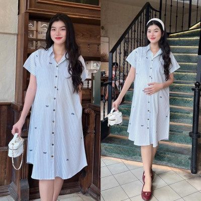 Đầm Bầu Form Dáng Sơ Mi Sọc Xinh Chất Cotton Lụa Mềm Mát, Váy Bầu Cá Tính Size M L