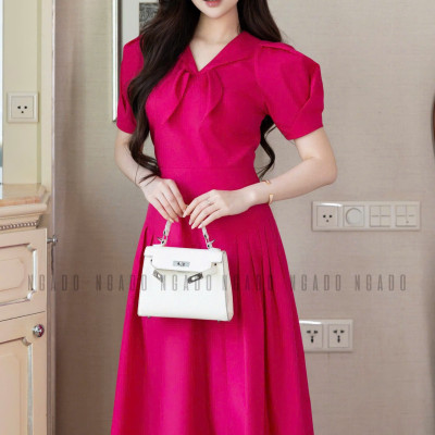 Đầm hồng sen tay phồng NGADO , đầm thiết kế Nữ , đầm công sở , dự tiệc