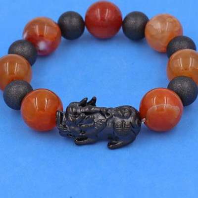 Chuỗi Tỳ Hưu inox Charm Đá Vân Rồng Cam 16 ly phối 6 bi - hợp mệnh Hỏa, mệnh Thổ - Vòng size XXL