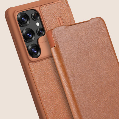 Bao da chống sốc ngăn đựng thẻ card cho Samsung Galaxy S25 Ultra , S25 Plus , S25 hiệu Nillkin Qin Pro - Da PU cao cấp, Viền TPU, sang trong, nắp trượt bảo vệ camera - Hàng nhập khẩu