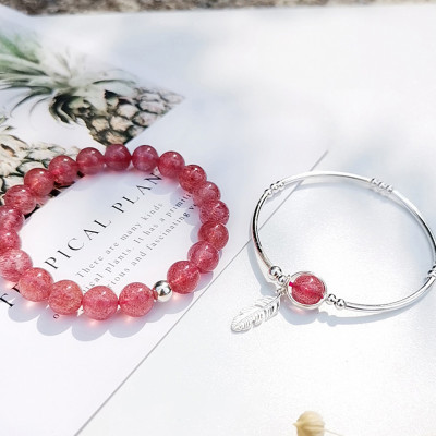Vòng đôi đá thạch anh dâu phối charm lá bạc mệnh hỏa, thổ - Ngọc Quý Gemstones