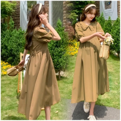 ĐẦM BẦU VÁY BẦU CỔ SEN CÀ PHÊ SỮA  sau sanh có nút mở cho bé ti