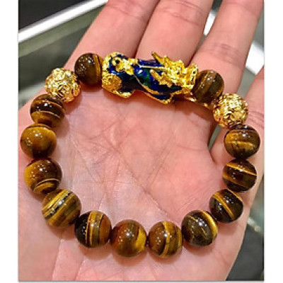 Vòng tay phong thủy đá mắt hổ nâu MS346 Tỳ hưu đổi màu theo nhiệt độ mix hạt kim tiền vàng