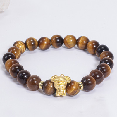 Vòng Tay Phong Thủy Đá Mắt Hổ Vàng Nâu Phối Charm Tuổi Mùi Bạc Mạ Vàng 24K (8mm) Mệnh Thổ, Kim Ngọc Quý Gemstones