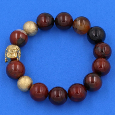 Chuỗi hạt đeo tay Thạch Anh Nâu 14 ly - Vòng tay Phật A Di Đà inox vàng VTANNLVHB14 - Vòng đeo tay size lớn