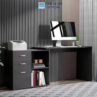 Bàn Làm Việc Kết Hợp Tủ Gỗ 3 Ngăn Kéo Hiện Đại Màu Trắng Đen Thương Hiệu SIB Decor BLV106/107