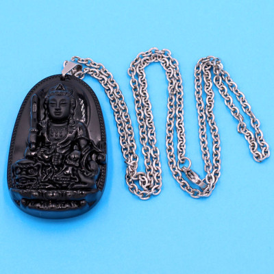 Vòng cổ mặt Văn Thù Bồ Tát - thạch anh đen 4.3cm DITTEO3 - dây inox - tuổi Mão