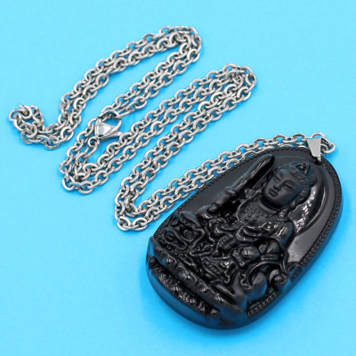 Vòng cổ mặt Văn Thù Bồ Tát - thạch anh đen 4.3cm DITTEO3 - dây inox - tuổi Mão