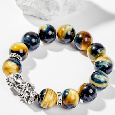 Vòng Tay Phong Thủy Nam Đá Mắt Chim Ưng Phối Charm Tỳ Hưu Bạc (14mm) Mệnh Thủy, Mộc Ngọc Quý Gemstones