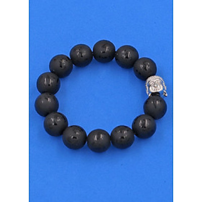 Vòng tay Đá Thạch Anh Đen Phật Chú 14 ly - cẩn hạt Như Lai inox trắng VTAEPMNLT14 - hợp mệnh Mộc, mệnh Thủy