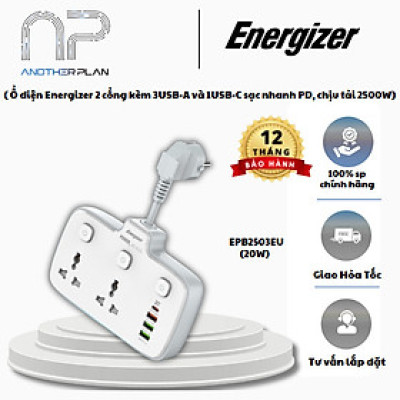 [ Hàng Chính Hãng ] Ổ điện đa năng Energizer EPB2503EU 2 cổng kèm 3USB-A và 1USB-C sạc nhanh PD, chịu tải 2500W