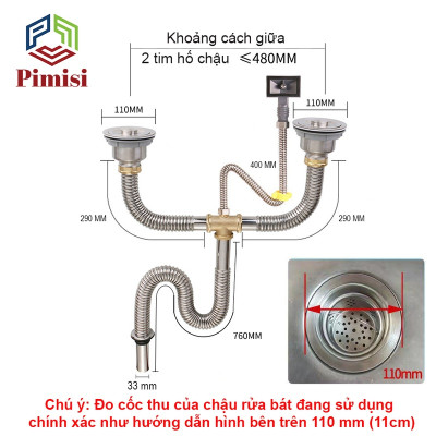 Xi Phông Chậu Rửa Bát 2 Hố Pimisi PXP-31-2 Inox Cao Cấp Kiểu Chun Uốn - Bẻ Cong, cho Bồn Rửa Chén 2 Hộc Đôi | Chính Hãng
