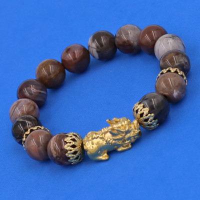 Vòng chuỗi đeo tay Gỗ Hóa Thạch 12 ly - cẩn Tỳ Hưu Phong Thủy inox vàng VGHTTHBKV12